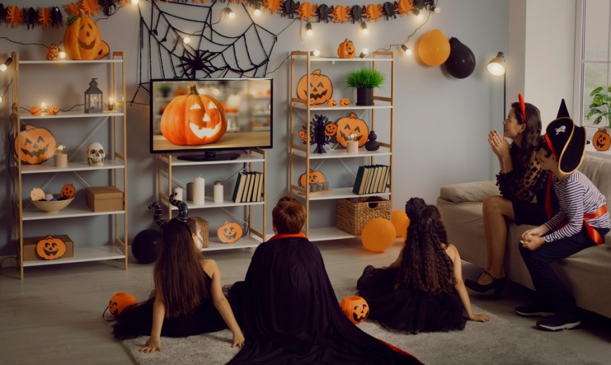 Najlepšie filmy a seriály na Halloween: 10 tipov pre deti aj dospelých deti sledujú tv v halloweenskych kostýmoch