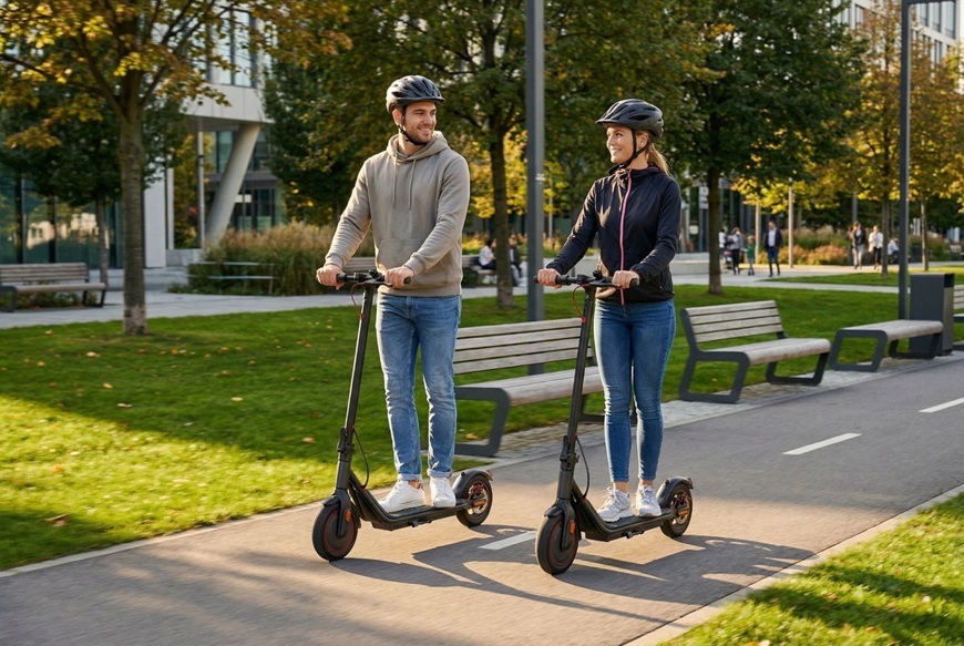 muž a žena jazdia na elektrickej kolobežke po cyklotrase v parku