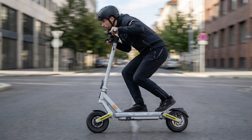 muž idúci rýchlo na elektrickej kolobežke v prikrčenej polohe