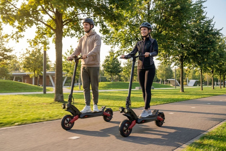 pár jazdiaci na e-kolobežke po cyklotrase
