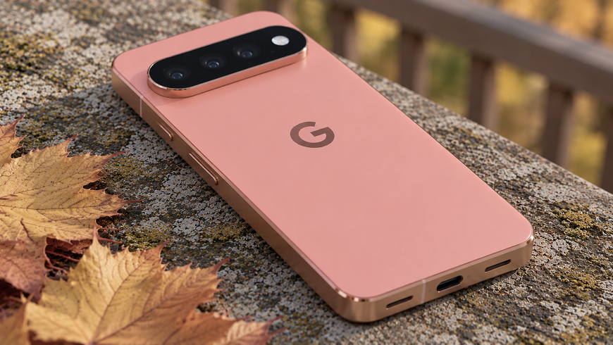 Oranžový Google Pixel 11 Pre vedľa jesenného lístia.