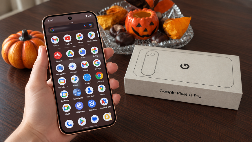 Menu na displeji Google Pixelu 11 Pro. V pozadí je jesenná výzdoba a krabička od telefónu.