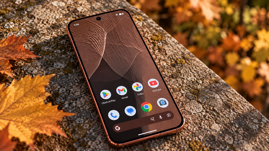  Displej mobilu Google Pixel 11 Pro. Mobil je položený na pätníku, vedľa je jesenné lístie.