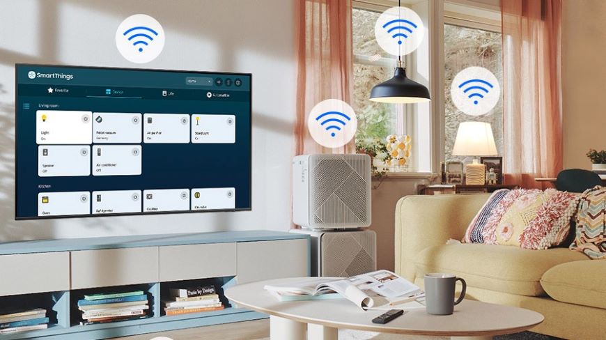Obývacia miestnosť s inteligentným televízorom a ikonami Wi-Fi.