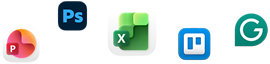 Roztrúsené ikony rôznych apiek vrátane apiek Microsoft Power Point, Affinity Photo 2, Microsoft Excel, Trello a Grammarly