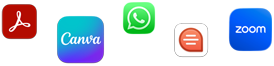 Roztrúsené ikony rôznych apiek vrátane Adobe Acrobat, Canva, WhatsApp, Quip a Zoom