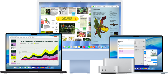 MacBook Pro, iMac, MacBook Air, Mac mini a Mac Studio sú uložené vedľa seba a bežia na nich rôzne apky: Microsoft Power Point, Freeform, Preview, Kalendár a Správy