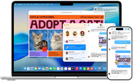 MacBook Air zobrazuje vlákno textových správ v apke Správy a iPhone 16 Pro Max vedľa vďaka kontinuite naprieč zariadeniami zobrazuje to isté vlákno správ.
