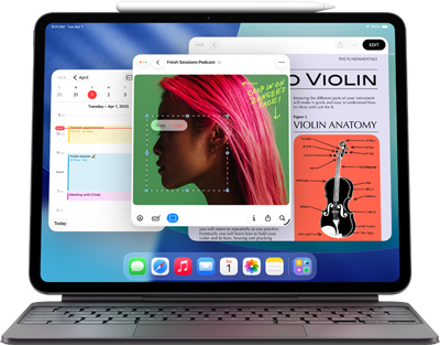 iPad Air zobrazujúci plochu s viacerými apkami Apple, spárovaný s klávesnicou Magic Keyboard a ceruzkou Apple Pencil Pro