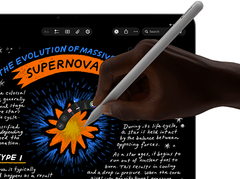 iPad Air zobrazujúci ručne písané poznámky a kresby v apke Poznámky, ruka kreslí ceruzkou Apple Pencil Pro