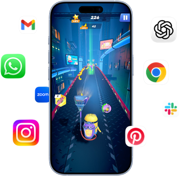 iPhone s hrou Minion Rush na obrazovke obklopený ikonami apiek Gmail, WhatsApp, Zoom, Instagram, ChatGPT, Google Chrome, Slack a Pinterest