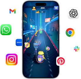 iPhone s hrou Minion Rush na obrazovke obklopený ikonami apiek Gmail, WhatsApp, Zoom, Instagram, ChatGPT, Google Chrome, Slack a Pinterest