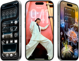 Tri iPhony 17 Pro z rôznych uhlov s tromi rôznymi obrazovkami iOS 26 vrátane plochy s dizajnom Liquid Glass, pozadia a apky Fotky