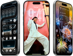 Tri iPhony 17 Pro z rôznych uhlov s tromi rôznymi obrazovkami iOS 26 vrátane plochy s dizajnom Liquid Glass, pozadia a apky Fotky