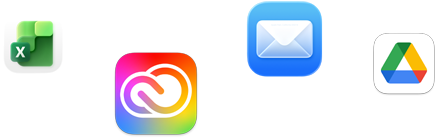 Ikony rôznych apiek vrátane apiek Microsoft Excel, Adobe Creative Cloud, Apple Mail a Google Drive
