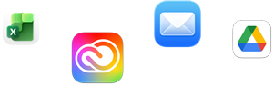 Ikony rôznych apiek vrátane apiek Microsoft Excel, Adobe Creative Cloud, Apple Mail a Google Drive