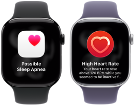 Dvoje hodinky Apple Watch Series 11 položené vedľa seba, hliníkový kryt, temná čierna farba, hlásenie o možnom spánkovom apnoe, ružové srdce v bielom rámčeku, pravá strana, korunka Digital Crown, čierny športový remienok Druhé hodinky, titánový kryt, strieborná farba, apka Srdcová frekvencia, aktuálna srdcová frekvencia, pravá strana, korunka Digital Crown, športový remienok vo farbe fialová hmla