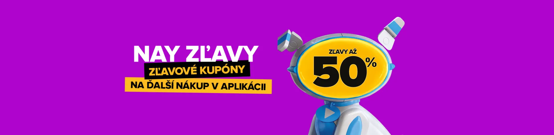 Robot s logom NAY drží zľavové kupóny k akcii NAY ZĽAVY až 50%