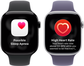 Dvoje hodinky Apple Watch Series 11 položené vedľa seba, hliníkový kryt, temná čierna farba, hlásenie o možnom spánkovom apnoe, ružové srdce v bielom rámčeku, pravá strana, korunka Digital Crown, čierny športový remienok Druhé hodinky, titánový kryt, strieborná farba, apka Srdcová frekvencia, aktuálna srdcová frekvencia, pravá strana, korunka Digital Crown, športový remienok vo farbe fialová hmla