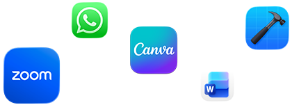 Ikony rôznych apiek vrátane apiek Zoom, WhatsApp, Canva, Microsoft Word a Xcode