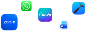 Ikony rôznych apiek vrátane apiek Zoom, WhatsApp, Canva, Microsoft Word a Xcode