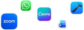 Ikony rôznych apiek vrátane apiek Zoom, WhatsApp, Canva, Microsoft Word a Xcode