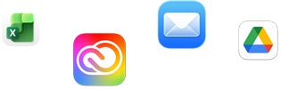 Ikony rôznych apiek vrátane apiek Microsoft Excel, Adobe Creative Cloud, Apple Mail a Google Drive